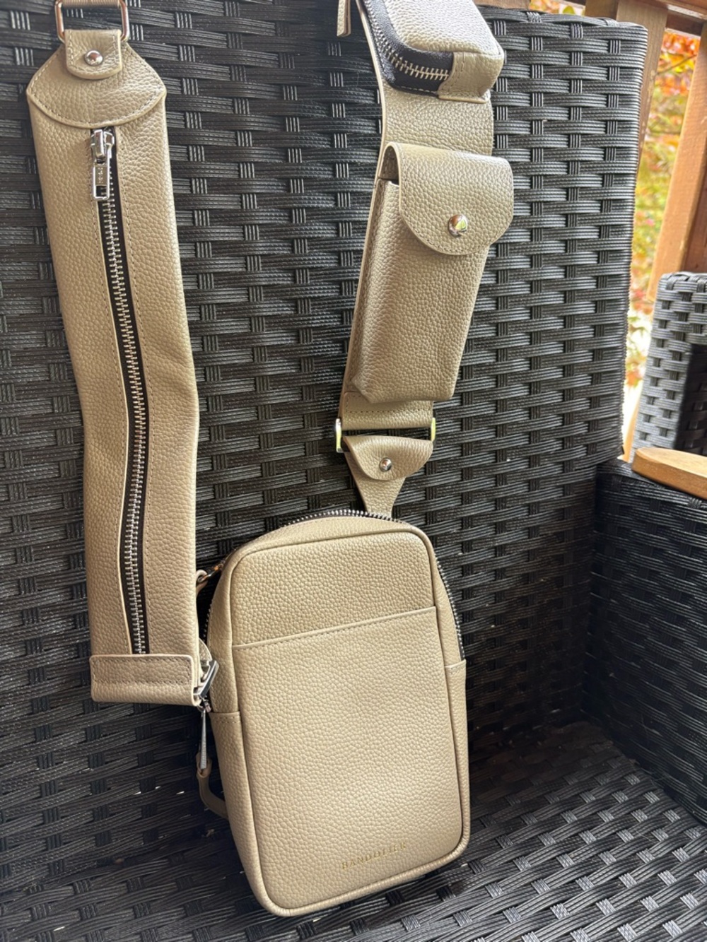 Bandolier Pebbled Leather Crossbody in Light Gray
